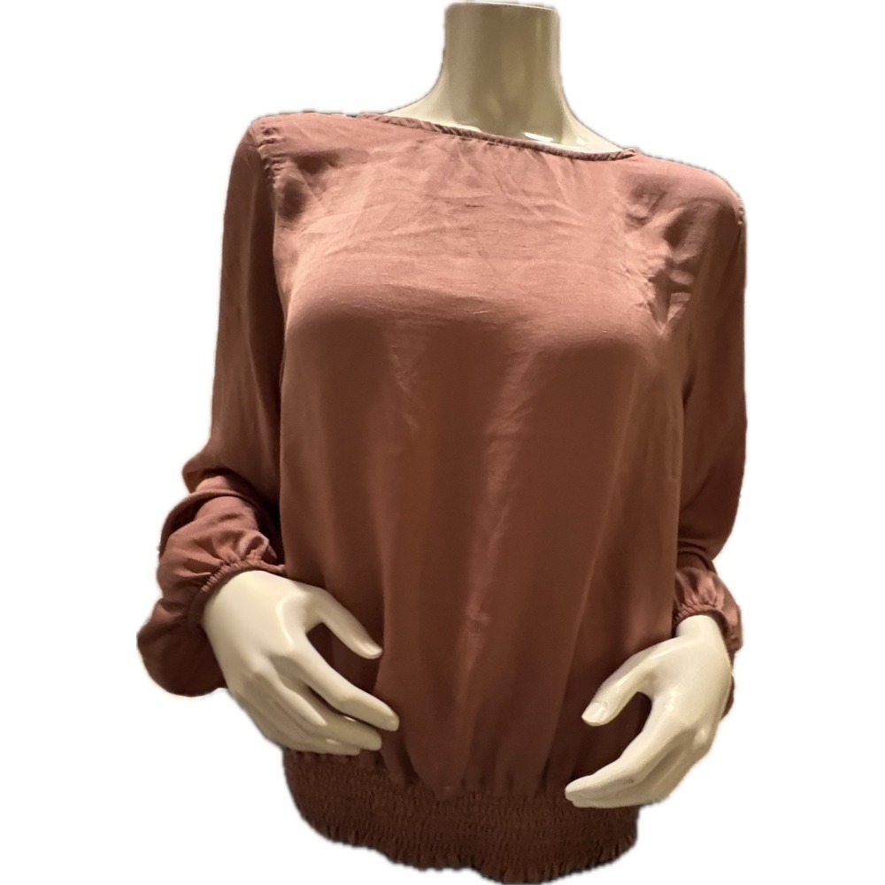 NWOT No 11 Los Angeles Womens Smocked Hem Blouse Dusty Rose Long Sleeve Large